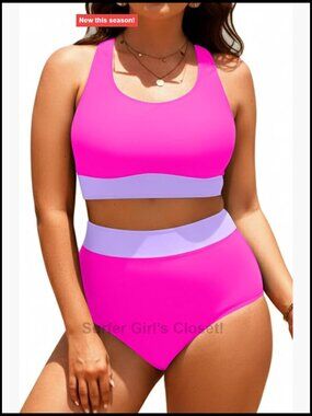 Plus Size Colorblock High Waisted Bikini Set Scoop Neck Swimsuit